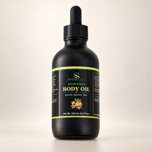 ReggieSach Body Oil — handcrafted body oil, studio product photo, front view
