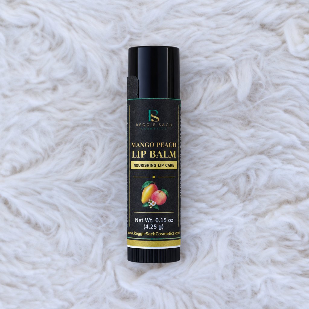 ReggieSach Mango Peach Lip Balm — handcrafted flavored lip balm, original setting photo, side angle