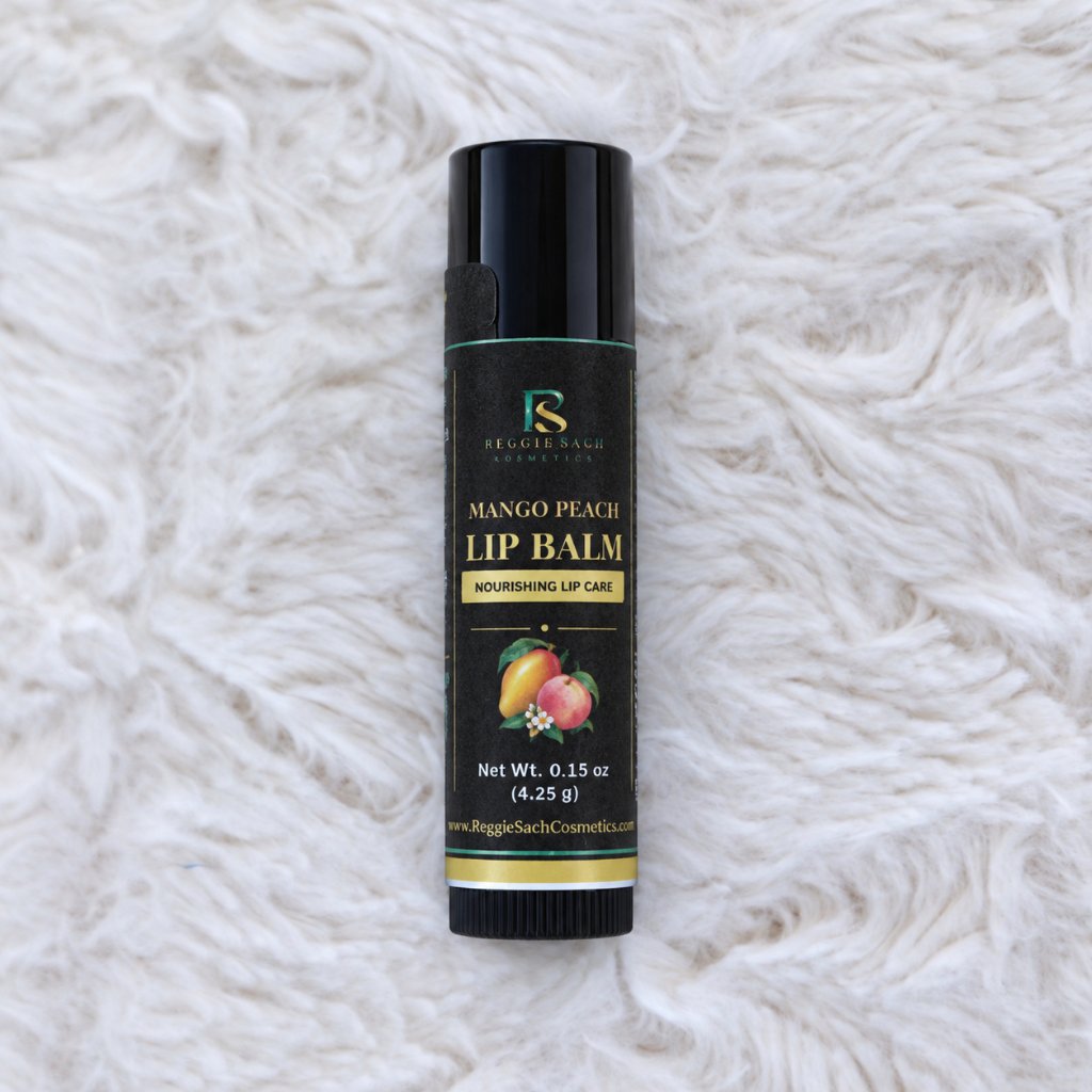 ReggieSach Mango Peach Lip Balm — handcrafted flavored lip balm, original setting photo, front angle