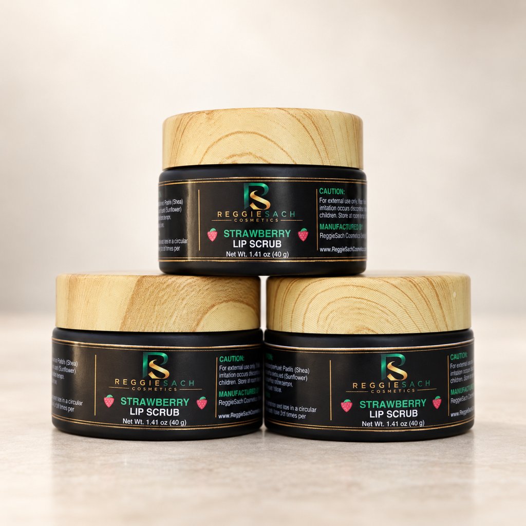ReggieSach Strawberry Lip Scrub — handcrafted strawberry lip scrub, studio product photo, as-shot photo