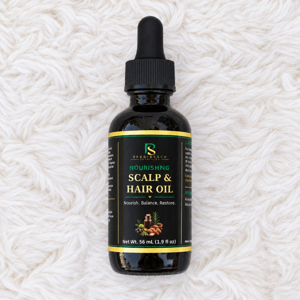 ReggieSach Scalp & Hair Oil bottle on soft white blanket - lifestyle shot