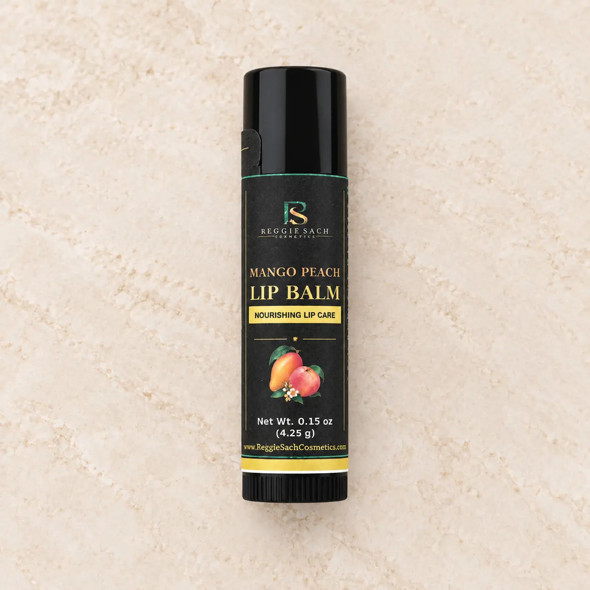ReggieSach Mango Peach Lip Balm — handcrafted flavored lip balm, studio product photo, side angle