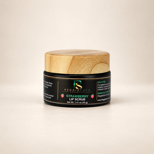 ReggieSach Strawberry Lip Scrub — handcrafted strawberry lip scrub, studio product photo, as-shot photo