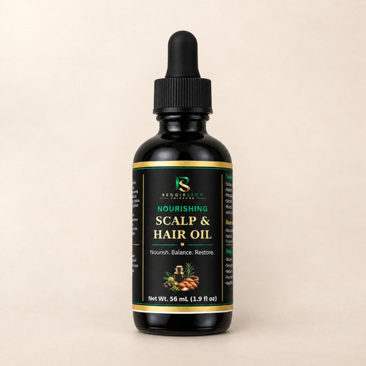 ReggieSach Scalp & Hair Oil dropper bottle on cream studio background