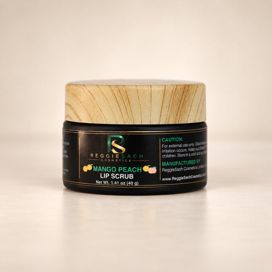 ReggieSach Mango Peach Lip Scrub — handcrafted peach mango lip scrub, studio product photo, single item