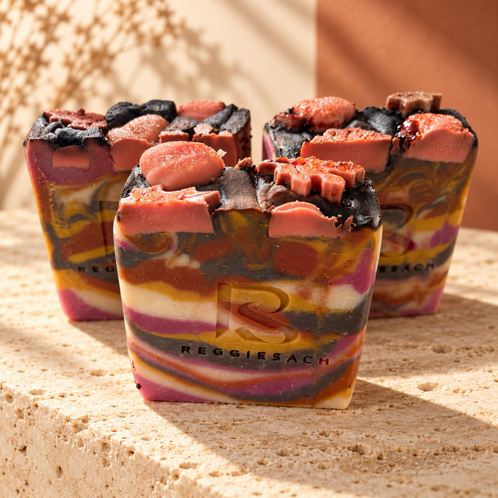 ReggieSach Harvest Sunset Bar Soap, three marbled bars in pink, purple and mustard swirls on travertine stone with embossed ReggieSach logo, warm sunlight and dried botanicals