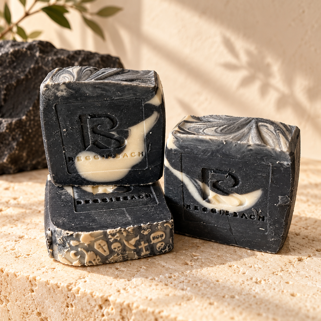 ReggieSach Spooky Vanilla Bar Soap trio on a beige stone block, embossed RS logo and Halloween icons of skulls, coffins and witch hats