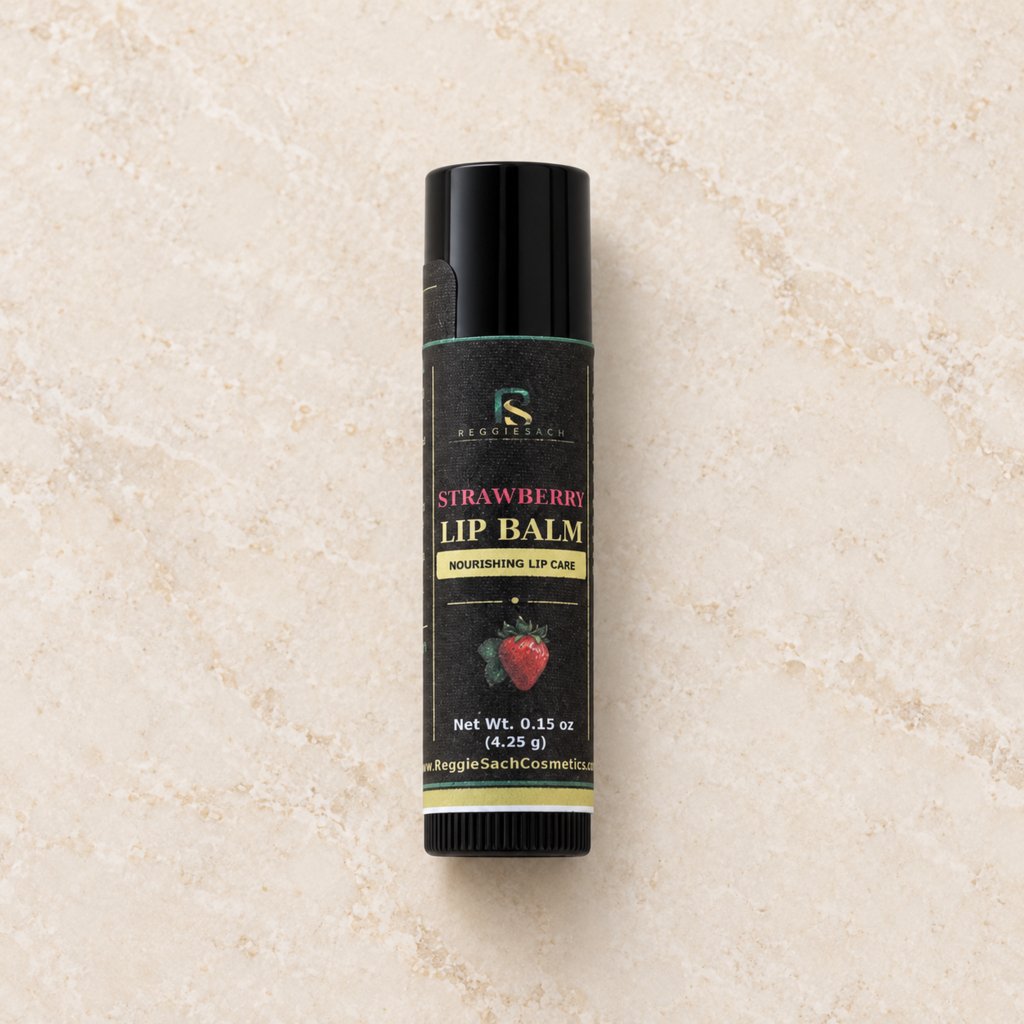 ReggieSach Strawberry Lip Balm — handcrafted strawberry lip balm, studio product photo