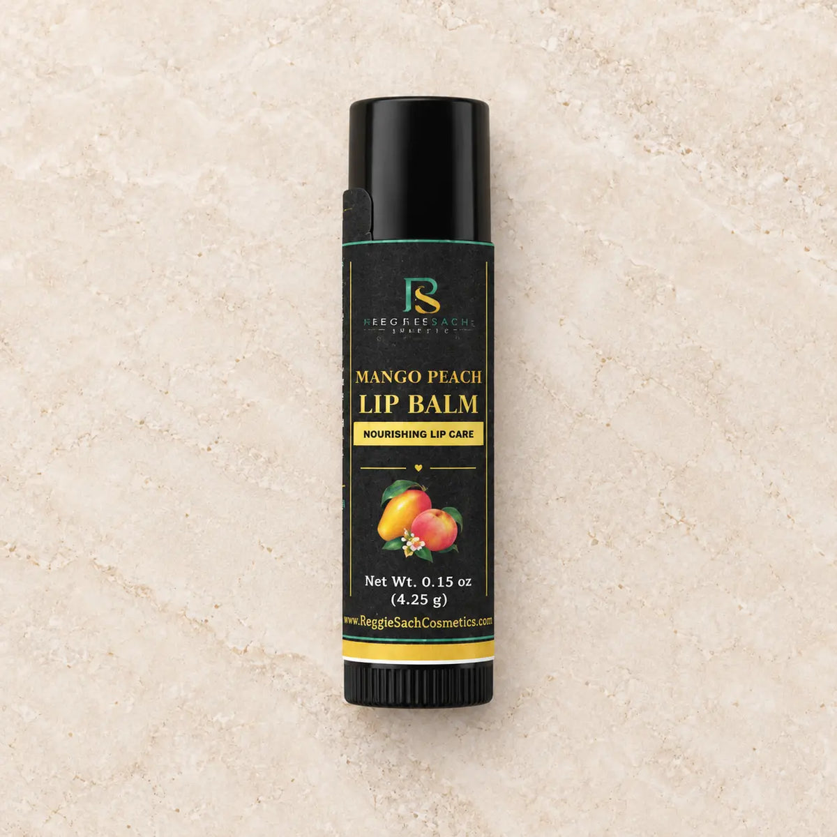 ReggieSach Mango Peach Lip Balm — handcrafted flavored lip balm, studio product photo, front angle
