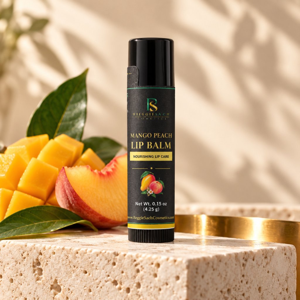 ReggieSach Mango Peach Lip Balm — handcrafted mango peach lip balm, display product photo