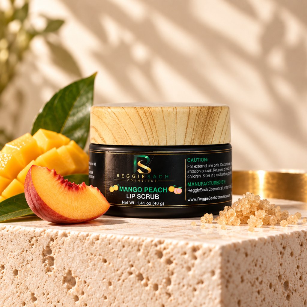 ReggieSach Mango Peach Lip Scrub — handcrafted mango peach lip scrub, display product photo