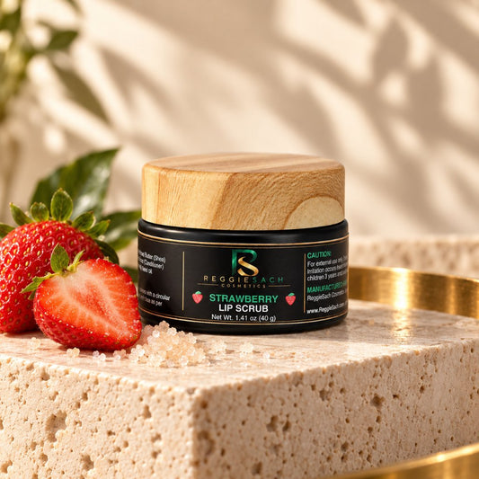 ReggieSach Strawberry Lip Scrub — handcrafted strawberry lip scrub, display product photo